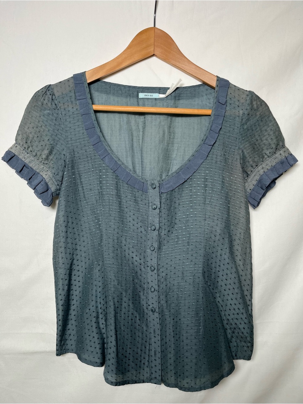 Urban Outfitters Kimchi Blue Cotton Silk Swiss Dot Ruffle Blouse XS Dusty Blue